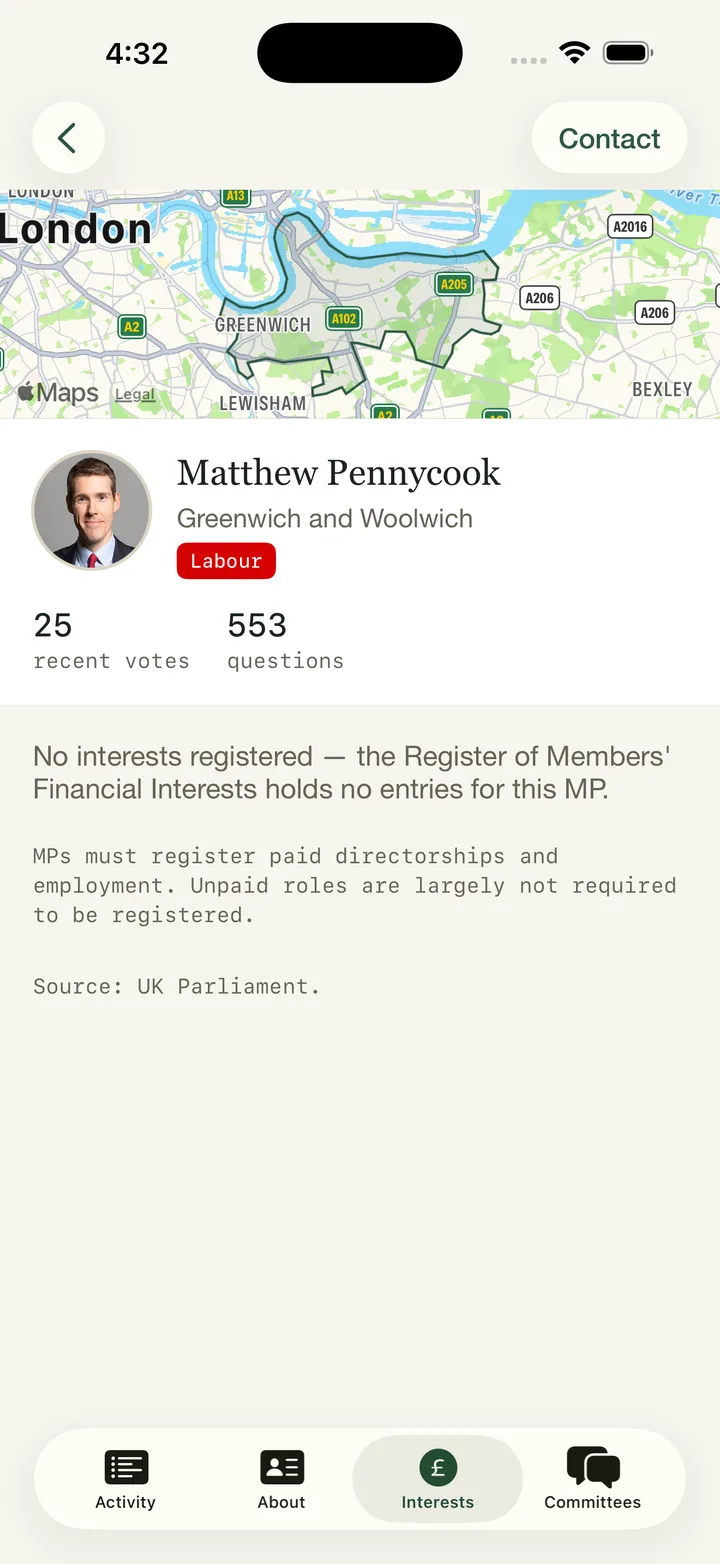 Who Is My MP? app, Interests tab: the MP's entries in the Register of Members' Financial Interests, with a plain explanation when there are none