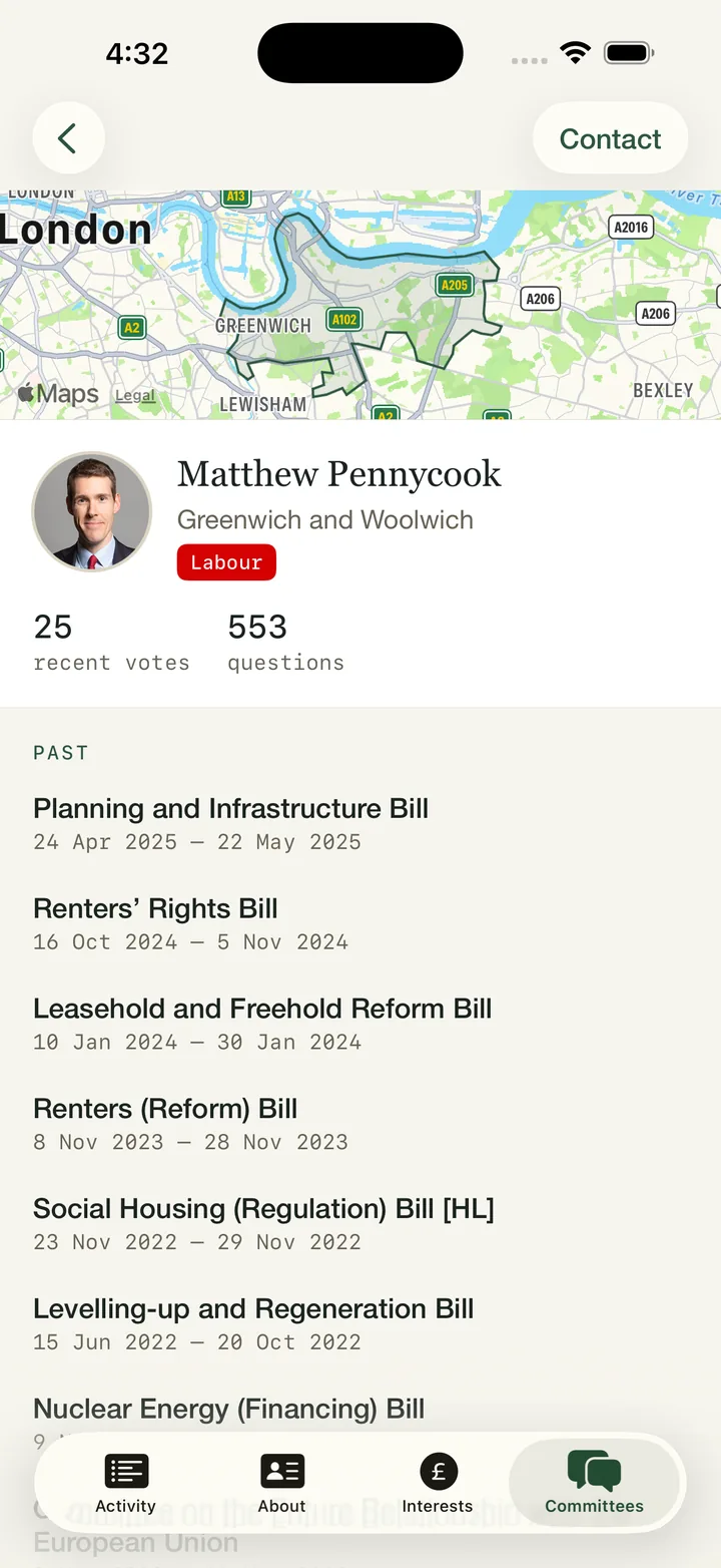 Who Is My MP? app, Committees tab: the bill committees an MP has sat on, with dates
