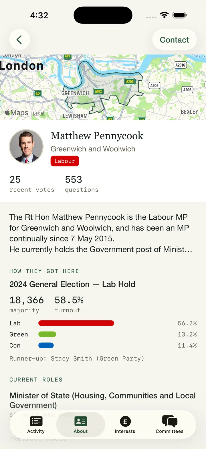 Who Is My MP? app, About tab: biography, 2024 general election result with majority and turnout, and current government roles