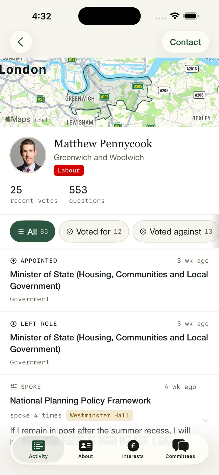 Who Is My MP? app, Activity tab: an MP's timeline of votes, appointments and speeches, with filters for Voted for and Voted against